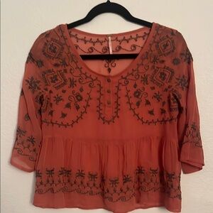 Free People Orange Peplum Blouse with Embellished Details-Size XS